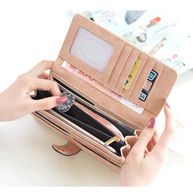 Daudzas nodaļas Mākslīgās zamšādas garš maks sievietēm matēts ādas sieviešu maciņš Augstas kvalitātes sieviešu maki karšu turētāji sajūga kartera