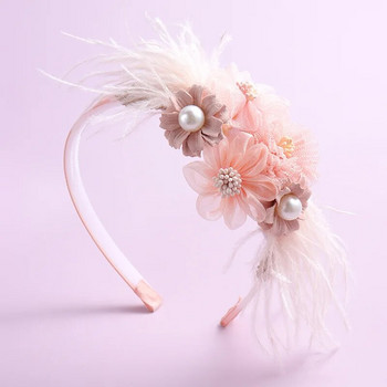 Нови ръчно изработени ленти за глава с цветя за момичета Сладки перлени пера Сватбена корона Принцеса Танцово парти Шапки Модни аксесоари с обръч