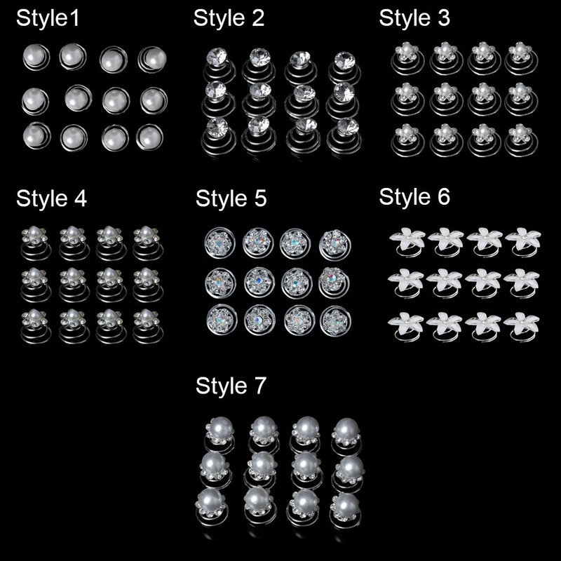 12 tk Pruudi kristallpärli lill, spiraal keerdudega juuksenõelad klambrid pulmaehted pruudi peakate Naiste juuste kujundamise aksessuaarid