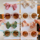 2 gab./Komplekts Jaunas Mazuļu Meitenes Jauki Vienkrāsains Kokvilnas Bowknot Galvas saite Apaļš saulesbrilles Komplekts Bērniem Saulesbrilles Bērnu Matu Aksesuāri