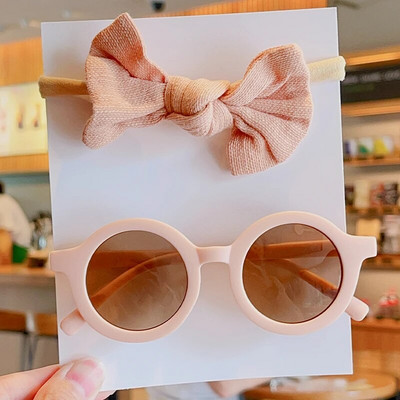 2 gab./Komplekts Jaunas Mazuļu Meitenes Jauki Vienkrāsains Kokvilnas Bowknot Galvas saite Apaļš saulesbrilles Komplekts Bērniem Saulesbrilles Bērnu Matu Aksesuāri