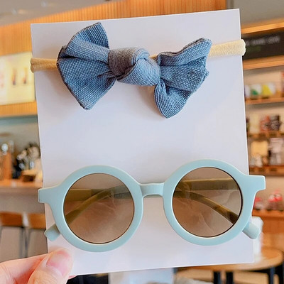 2 gab./Komplekts Jaunas Mazuļu Meitenes Jauki Vienkrāsains Kokvilnas Bowknot Galvas saite Apaļš saulesbrilles Komplekts Bērniem Saulesbrilles Bērnu Matu Aksesuāri