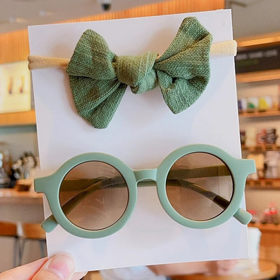 2 gab./Komplekts Jaunas Mazuļu Meitenes Jauki Vienkrāsains Kokvilnas Bowknot Galvas saite Apaļš saulesbrilles Komplekts Bērniem Saulesbrilles Bērnu Matu Aksesuāri