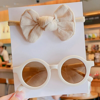 2 gab./Komplekts Jaunas Mazuļu Meitenes Jauki Vienkrāsains Kokvilnas Bowknot Galvas saite Apaļš saulesbrilles Komplekts Bērniem Saulesbrilles Bērnu Matu Aksesuāri