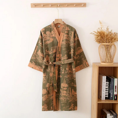 Halat de baie cu mâneci trei sferturi imprimat din bumbac pentru bărbați, halat de baie în stil kimono de primăvară și vară.