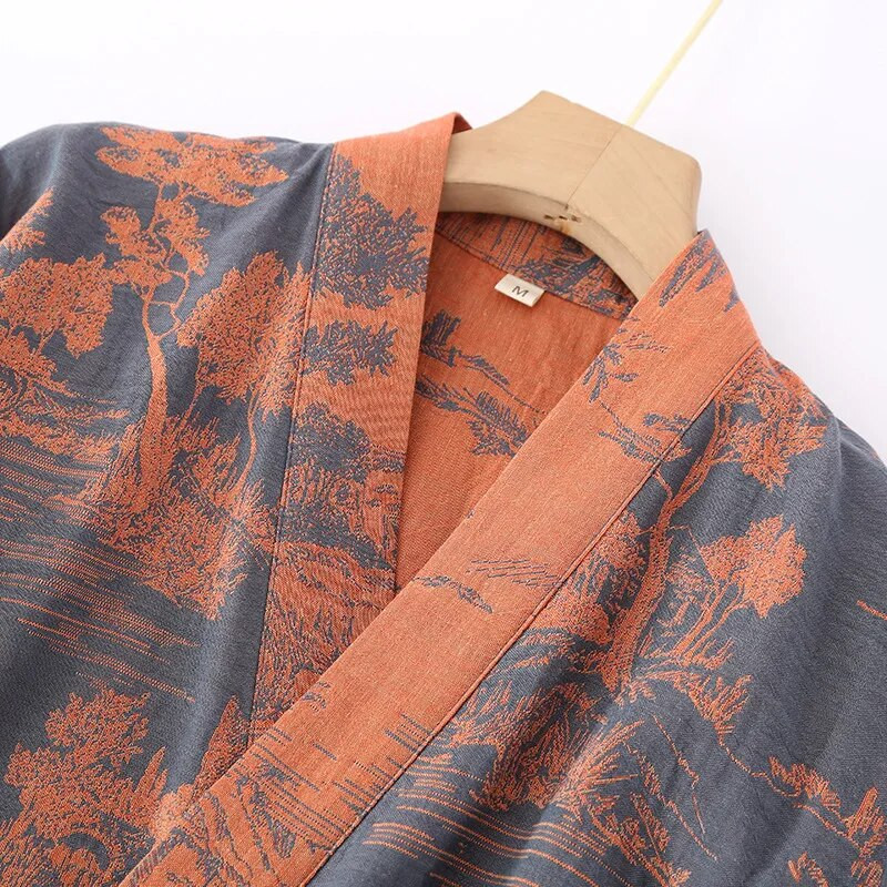 Vīriešu pidžamas halāti ar jostas kokvilnas apdruku, peldmētelis ar trīs ceturtdaļām piedurknēm pavasarim un vasarai, gara stila kimono peldmētelis