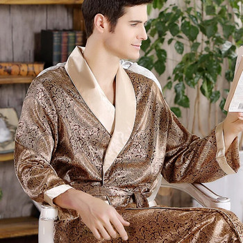 Мъжки копринен халат с дълги ръкави Голям размер 5XL кимоно Домашна рокля за баня Мъжки халати с геометричен принт с V-образно деколте Сатенено спално облекло Нощница