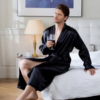 Плюс размер Мъжко спално облекло Кимоно Халат за баня Сиво нощно облекло с дълъг ръкав с V-образно деколте и джоб на колан Пролет Лято Мъжки домашни дрехи
