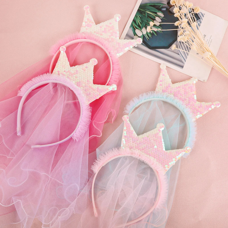 Ar rokām darinātas kronis mirdzošas galvas lentes Princeses matu lentes dzijas plīvurs kronis bērnu kāzu ballītei matu aksesuāri korejiešu vairumtirdzniecība