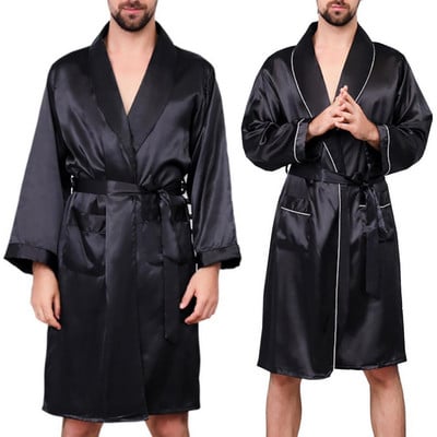 Summer Men Robe Imitation Silk with Pockets Waist Belt Bath Robe Home Gown Sleepwear