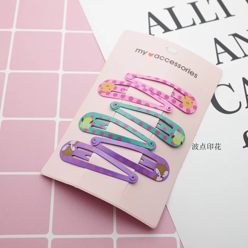 6 gab. Jauna jauka multfilma metāla apdruka krāsaina dzīvnieku mazuļa BB klipsi meiteņu matu sprādzes matu sprādzes bērniem galvassegas bērnu aksesuāri