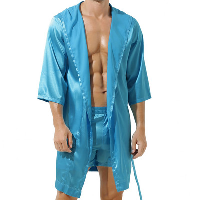 Vīriešu zīda traips kimono halāts Peldmēteļa šorti komplekts pidžamas halāti Seksīgi halāti Satīna halāts rītasvārki guļamveļa Mājas halāts naktskrekls