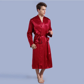 Мъжка сатенена роба с V-образно деколте, кимоно, дълъг халат, пижама, нощница, спално облекло, коледна роба за сватбено тържество T40