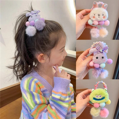 Cute Cartoon Plush Rabbit Panda Flower Doll Colored Ball Pendant Hair Rope Children Princess Girls Ponytail Headband Accessories