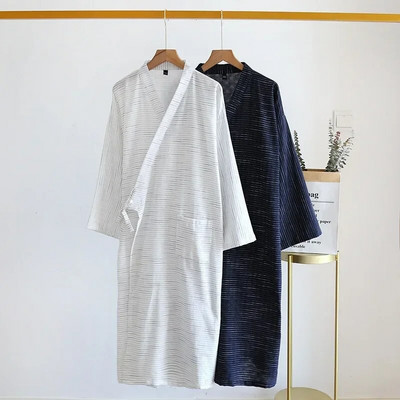 Men`s Long Bathrobes Cotton Cloth Spring and Summer Kimono Robe Large Size Men`s Striped Bathrobe Home Sweat Steaming Clothes