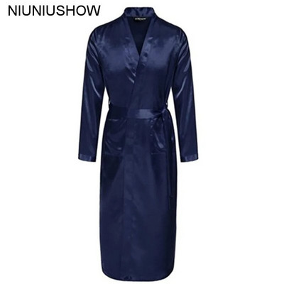 Navy Blue Chinese Men Silk Rayon Robe Summer Casual Sleepwear V-Neck Kimono Yukata Bath Gown Size S M L XL XXL