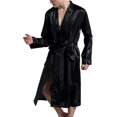 Men Classic Robes Twill Home Clothes Long Robes Pocket Imitation Silk Bathrobe Summer Autumn Sleep Lounge