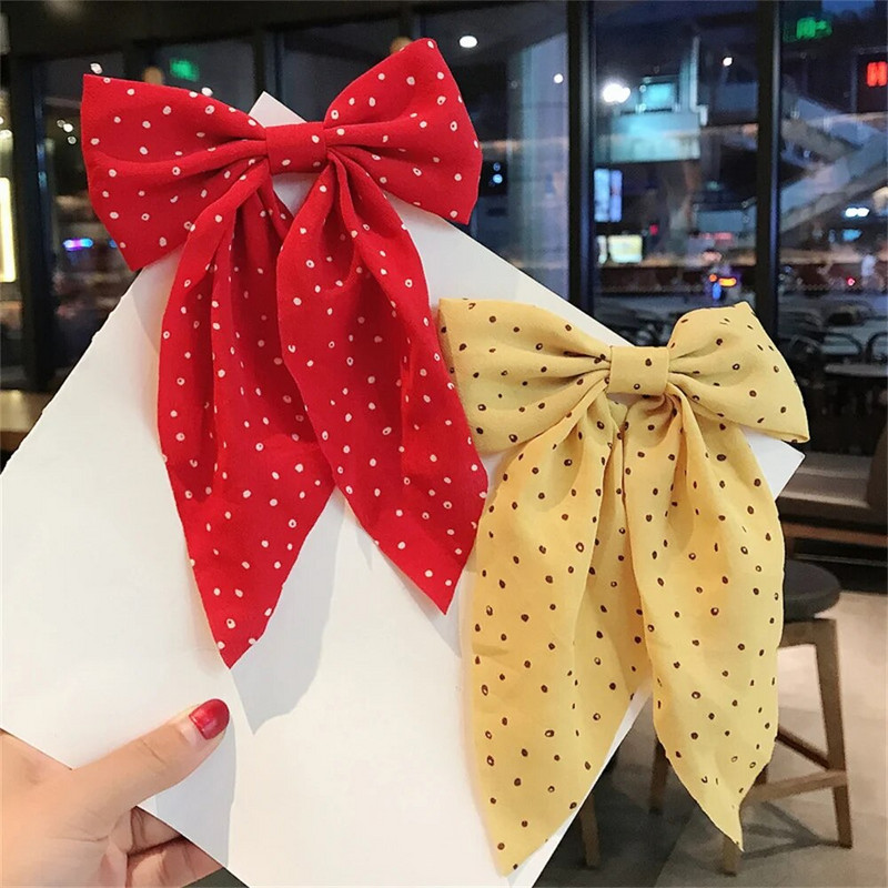 Liela Bowknot matu sprādze meitenei Krāsaina punktveida zīda lentes matu sprādze, neslīdoša pīles spārna, maiga, salda galvassegu matu aksesuāri
