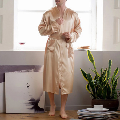 Halat pentru bărbați Halat de baie din mătase Moale confortabilă Cămașă de noapte cu mânecă lungă Kimono dintr-o bucată Rochie de baie pentru bărbați Robe solide pentru acasă Lenjerie de dormit din satin Pijamale