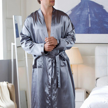 Мъжки халат за баня Сатенено копринено спално облекло Комфортна пижама Халат Нощно облекло Едноцветна ежедневна нощница с дълъг ръкав Домашна превръзка