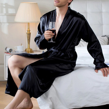 Мъжки халат за баня Сатенено копринено спално облекло Комфортна пижама Халат Нощно облекло Едноцветна ежедневна нощница с дълъг ръкав Домашна превръзка