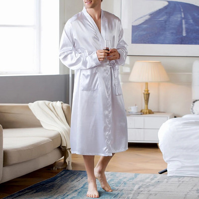 Men`s Bathrobe Satin Silk Sleepwear Comfort Pajamas Robe Nightwear Solid Color Casual Nightgown Long Sleeve Home Dressing