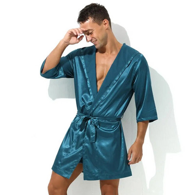 Секси спално облекло Мъжки халати Халати за баня Мека копринена нощница с къс ръкав Мъжка домашна рокля Мъжка пижама (без шорти)