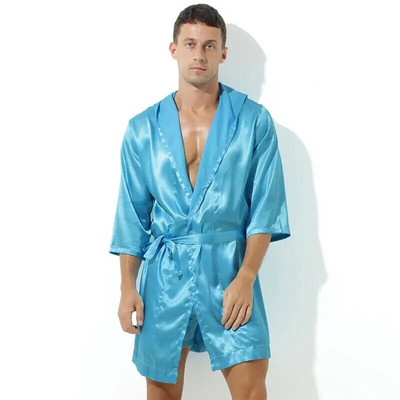Lenjerie de noapte sexy pentru bărbați halate de baie, moale, mătăsoasă, cu mânecă scurtă, cămașă de noapte pentru bărbați, haine pentru acasă, pijamale pentru bărbați (fără pantaloni scurți)
