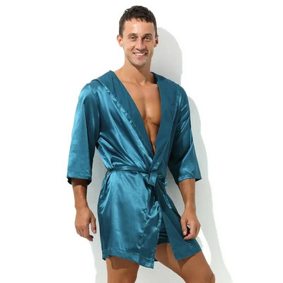 Lenjerie de noapte sexy pentru bărbați halate de baie, moale, mătăsoasă, cu mânecă scurtă, cămașă de noapte pentru bărbați, haine pentru acasă, pijamale pentru bărbați (fără pantaloni scurți)
