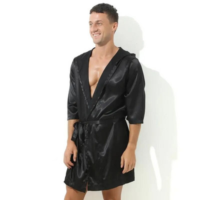 Lenjerie de noapte sexy pentru bărbați halate de baie, moale, mătăsoasă, cu mânecă scurtă, cămașă de noapte pentru bărbați, haine pentru acasă, pijamale pentru bărbați (fără pantaloni scurți)