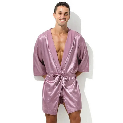 Lenjerie de noapte sexy pentru bărbați halate de baie, moale, mătăsoasă, cu mânecă scurtă, cămașă de noapte pentru bărbați, haine pentru acasă, pijamale pentru bărbați (fără pantaloni scurți)