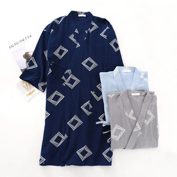 Лятна мъжка памучна кимоно спално облекло с V-образно деколте Свободен халат за баня с дълъг ръкав Нощница с геометричен принт Халат Домашни халати за баня