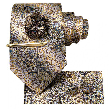 Hi-tie Κίτρινη Καφέ Γραβάτα Paisley Ανδρική Μεταξωτή Ανδρική Γραβάτα Κλιπ Δώρο για Άντρες Πολυτελής Γραβάτα Hanky Μανικετόκουμπα Σετ Επίσημος Γάμος
