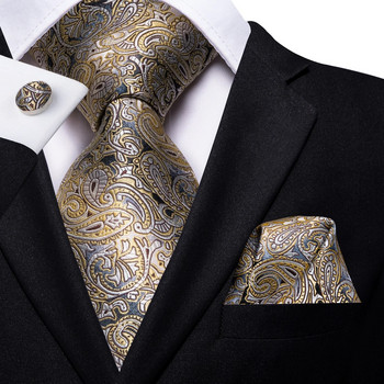 Hi-Tie Жълто-кафява пейсли вратовръзка за мъже Копринена мъжка щипка за вратовръзка Подарък за мъже Луксозна вратовръзка Комплект копчета за ръкавели Официална сватба