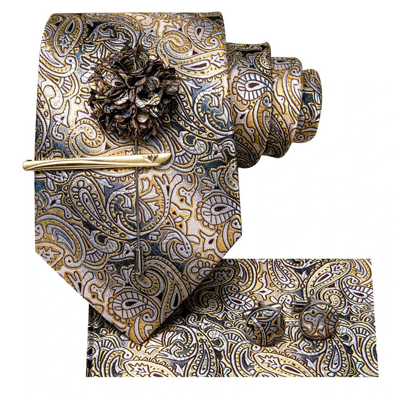 Hi-Tie Yellow Brown Paisley kaklasaite vīriešiem Zīda vīriešu kaklasaites sprādze Dāvana vīriešiem Luksusa kaklasaite Hanky aproču pogu komplekts svinīgām kāzām