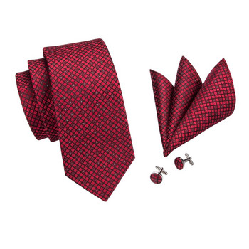 Hi-Tie Дизайнерска сватбена вратовръзка от копринена червена бордо карирана за мъже Handky копче за ръкавели Подарък Мъжка вратовръзка Модна бизнес парти Дропшиппинг