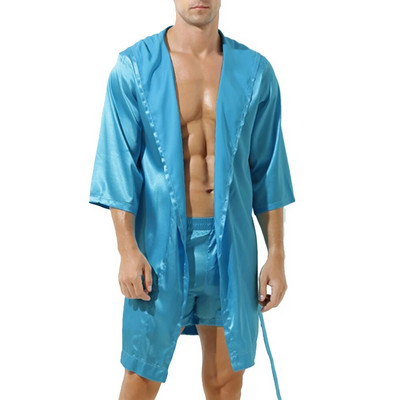 Men`s Hooded Robes Loose Satin Silk-Like Summer Bathrobe Pajamas Sleepwear Gown Bath Robe Nightwear Kimono Robe