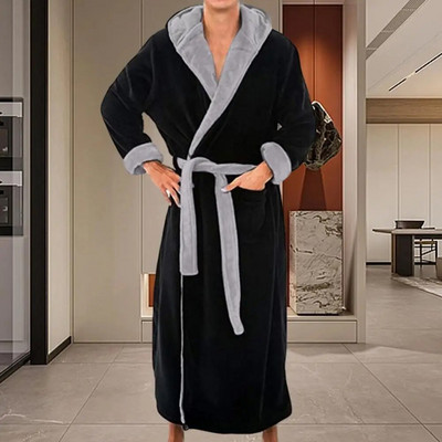 Men Hooded Bathrobe with Adjustable Belt Fluffy Solid Color Pocket Design Male Long Fleece Robe Nightgown Bath Gown Sleepwear