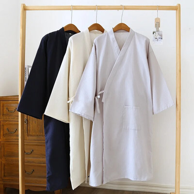Spring and Summer Thin Cotton Waffle Bathrobe Cardigan Men Clothes Loose Lace-up Moisture-Wicking Clothing for Bath