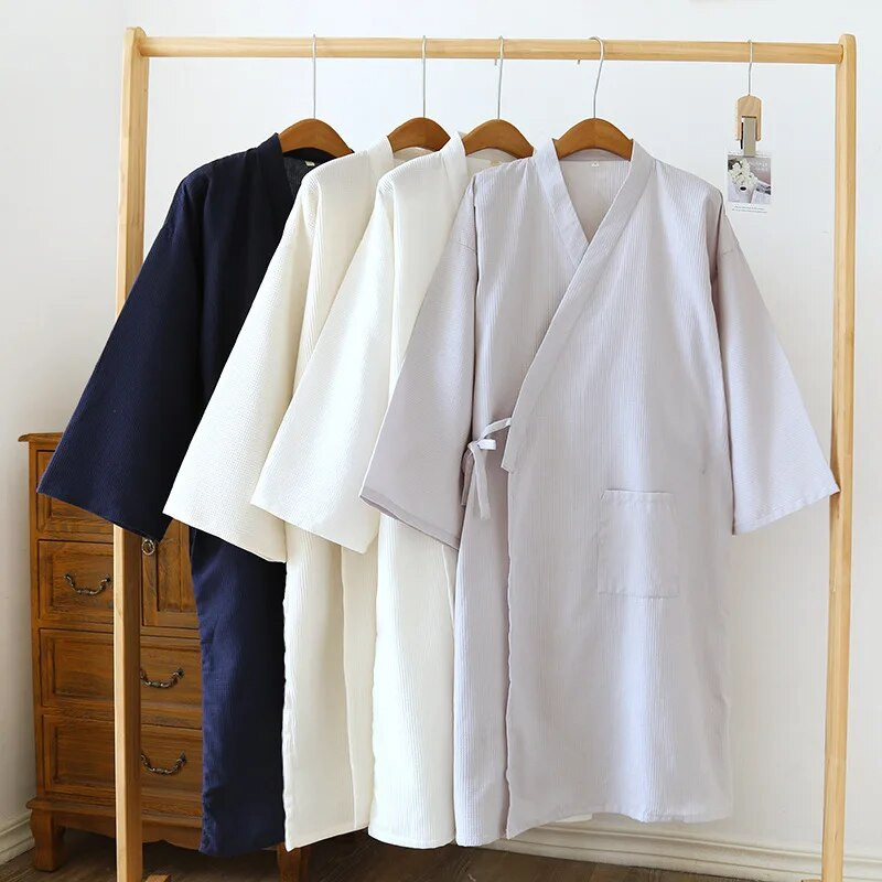 Pavasara un vasaras plānas kokvilnas vafeļu peldmētelis jaciņa vīriešu apģērbi brīvi šņorējami, mitrumu nosūcinoši apģērbi vannai