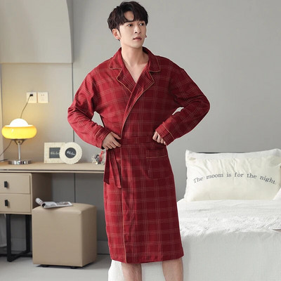 Cel mai nou halat de baie de toamnă M-4XL pentru bărbați 100% bumbac top de dormit halate kimono pentru bărbați halate în carouri halat lung de baie halat de mireasă rochie