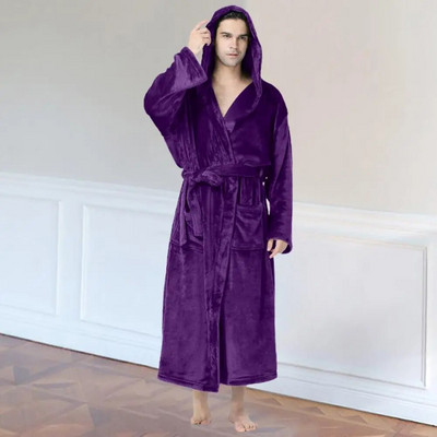 Cozy Plush Hooded Bathrobe Soft Warm Stylish Long Sleeve Nightgown For Autumn Winter