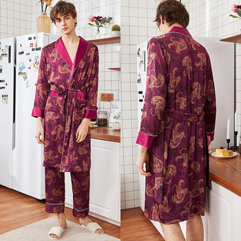 Мъжка сатенена нощница, кимоно рокля, спално облекло, домашен халат, спално облекло с принт на тигър, лято