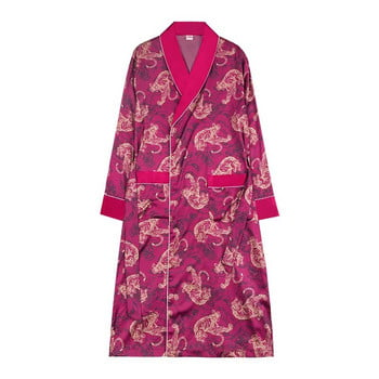 Мъжка сатенена нощница, кимоно рокля, спално облекло, домашен халат, спално облекло с принт на тигър, лято