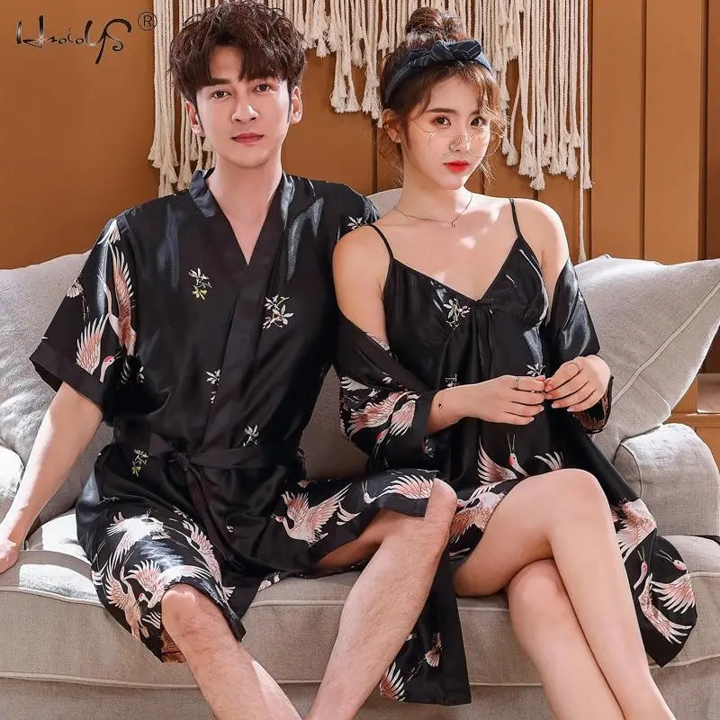 Vīriešu satīna halāts, halāti un sieviešu halātu mīļotāji kāzu medusmēneša guļamveļa Peldmētelis Zīda kimono pidžamas Peldmētelis Naktskrekls Kleita