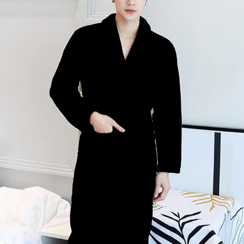 Páros fürdőköpeny korall gyapjú nyitott öltés egyszínű, vastag, szűk derékú fürdőöv Uniszex zsebek Téli fürdőköpeny a hálószobába