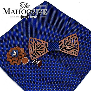 Дървена папийонка Комплект кърпички Мъжка карирана папийонка Дървена куха издълбана флорален дизайн и кутия Модни новости Мъжки вратовръзки