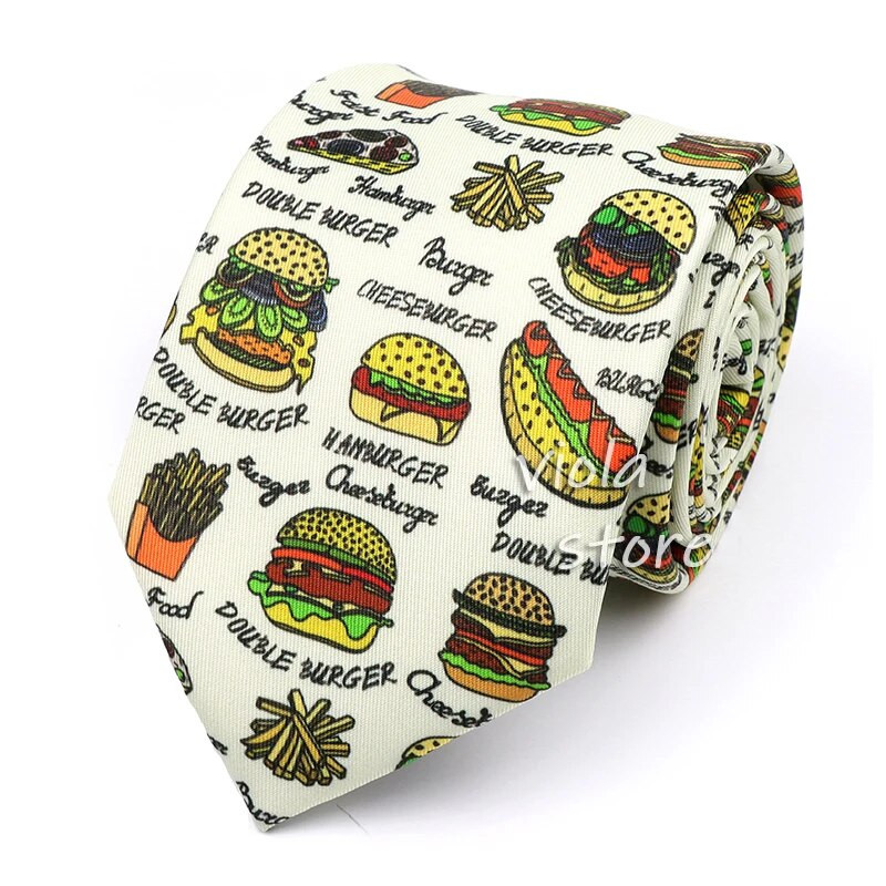 Smieklīgs CartoonPrint Burger haizivs dzērājs galvaskauss zīda pieskāriens poliestera 7,5 cm kaklasaites ballītes šovs Cravat uzvalks vīriešiem dīvains dāvanu aksesuārs