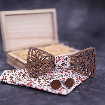 Mahoosive Модни мъжки ръчно изработени носни кърпички Дървена папионка и копчета за ръкавели Предварително вързана папийонка за сватбено парти Дървена подаръчна кутия
