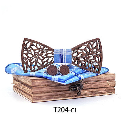 Mahoosive Fashion Vyriškos rankų darbo nosinės medinės ir rankogalių segtukai Medinis peteliškė Iš anksto surištas peteliškės vestuvių vakarėliui, medinė dovanų dėžutė